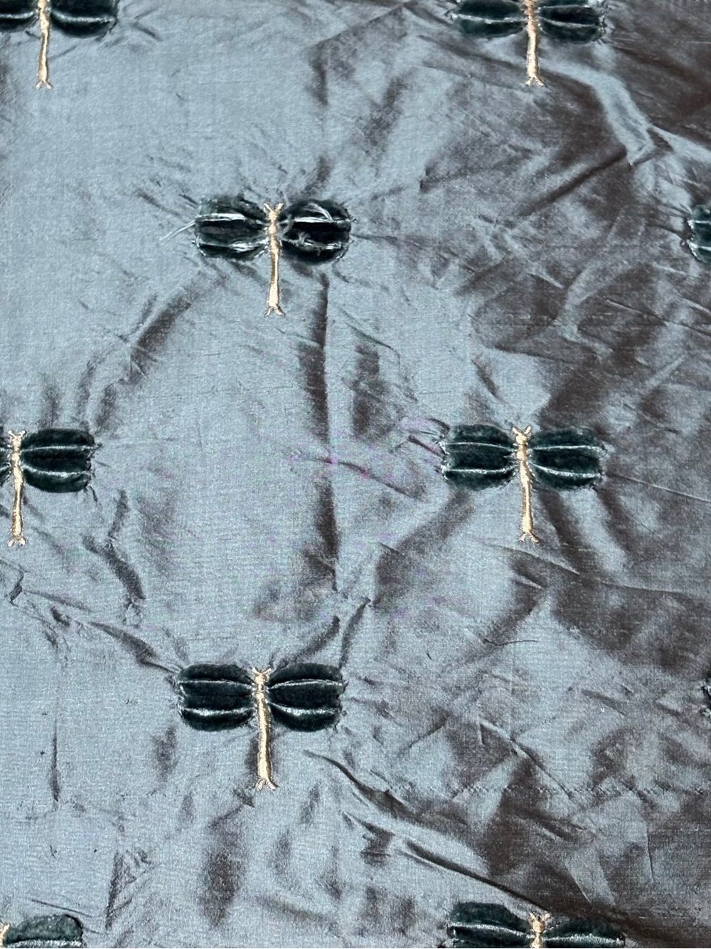Vintage Kravet Embroidered Silk with Velvet Dragonfly Fabric Sky Blue